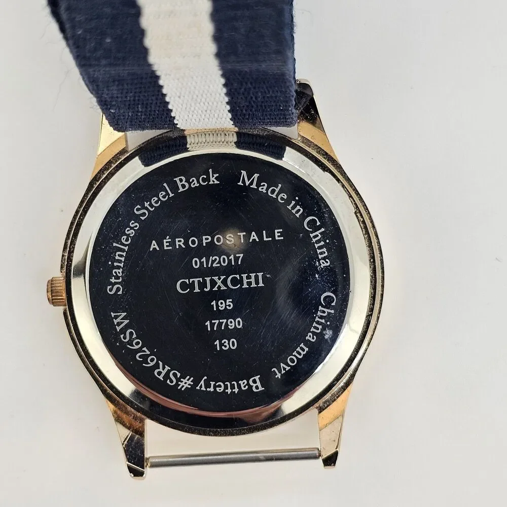 Aeropostale Unisex Watch 38MM White Dial Blue White Canvas Band New Battery‎